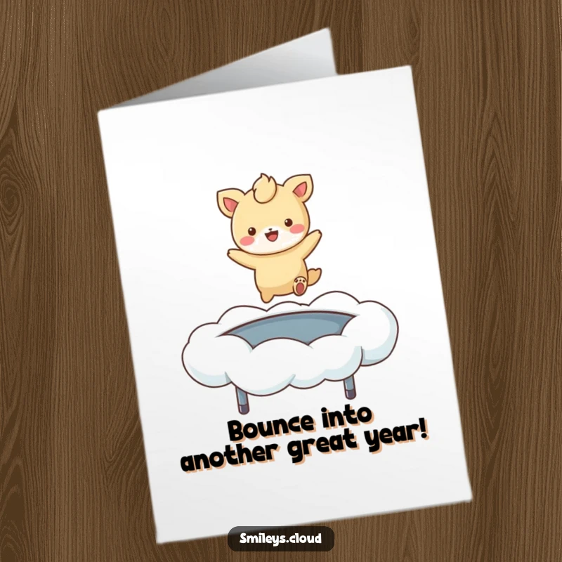 Funny Free Printable Birthday Card: Cheerful animal joyfully bounces on a fluffy cloud trampoline, spreading birthday cheer, downloadable art.