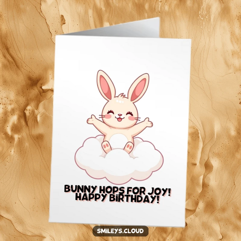Funny Free Printable Bunny Birthday Card: Cute bunny joyfully floating on a cloud, arms wide for a happy greeting.