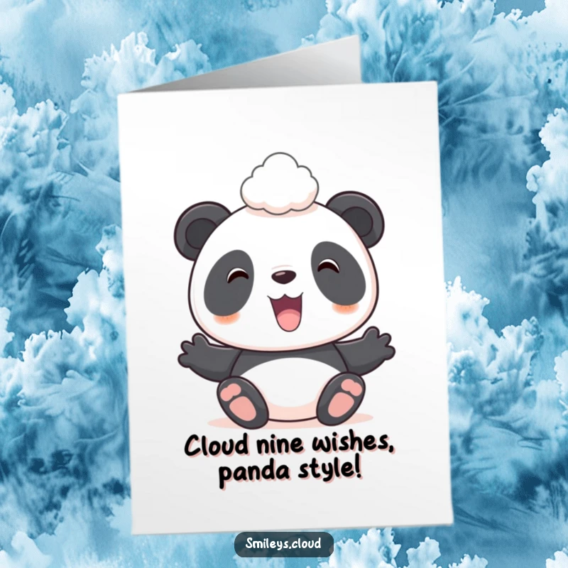 Funny Free Printable Birthday Card featuring a smiling panda adorably balancing a tiny cloud on its head.