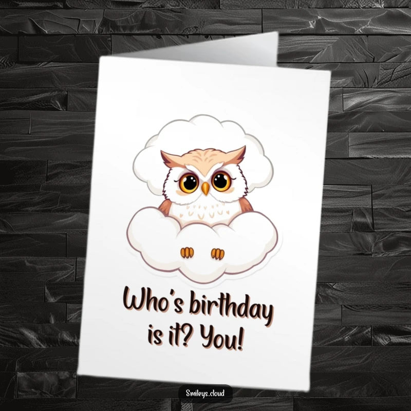 Funny Free Printable Birthday Card: A curious owl peeking down from a soft, fluffy cloud, looking inquisitive.