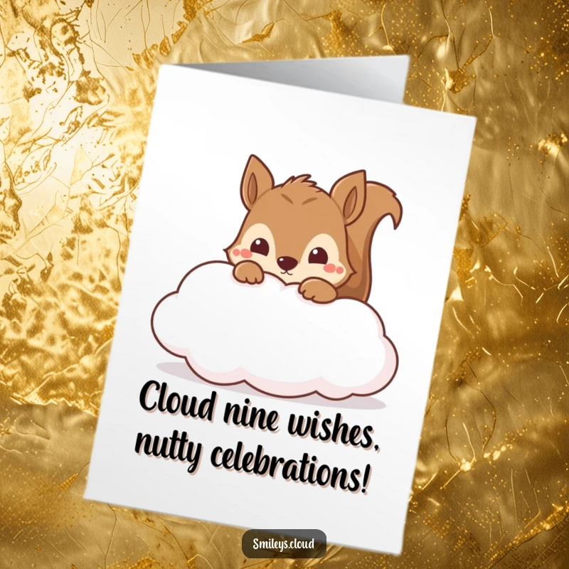 Funny Free Printable Birthday Card featuring a curious squirrel peeking from behind a fluffy cloud, ready to surprise.