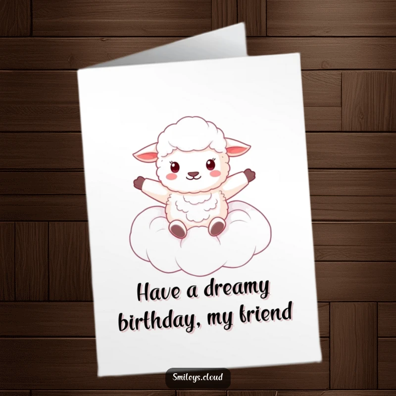 Funny Free Printable Birthday Card: A fluffy sheep joyfully floats on a cloud, arms spread wide in pure, fluffy bliss.