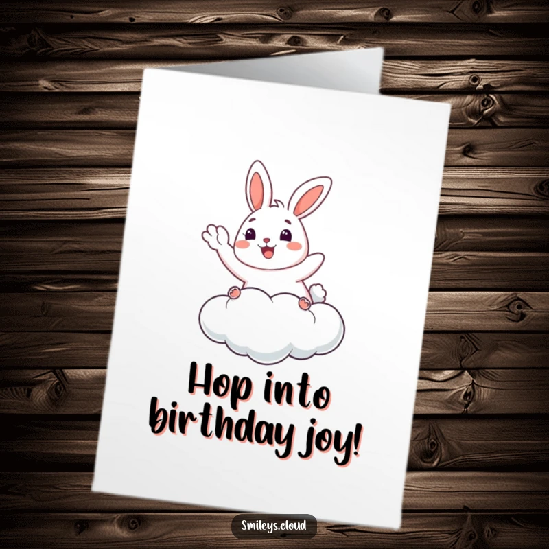 Funny Free Printable Birthday Card: A happy bunny floating blissfully on a cloud, waving hello cheerfully.
