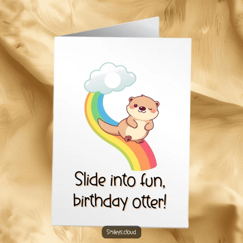 Funny Free Printable Birthday Card: A happy otter joyfully slides down a vibrant rainbow from a fluffy cloud.