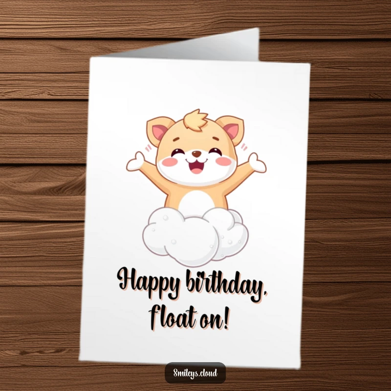 Funny Free Printable Birthday Card: A happy animal joyfully floats weightlessly on a soft cloud with arms spread wide.