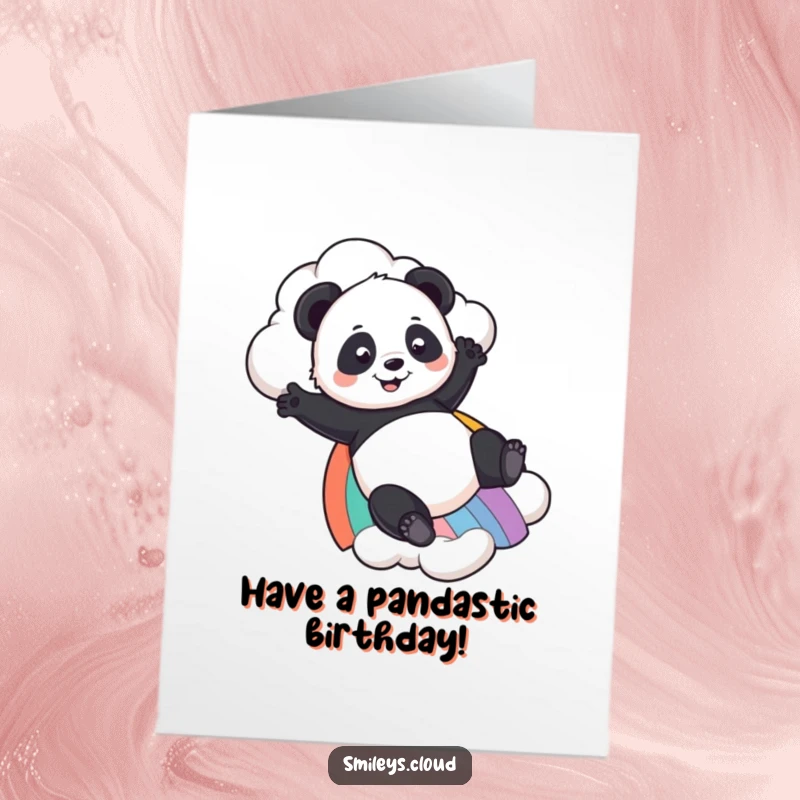 Funny Free Printable Panda Birthday Card: A playful panda slides down a vibrant rainbow from a fluffy cloud, perfect for birthdays.