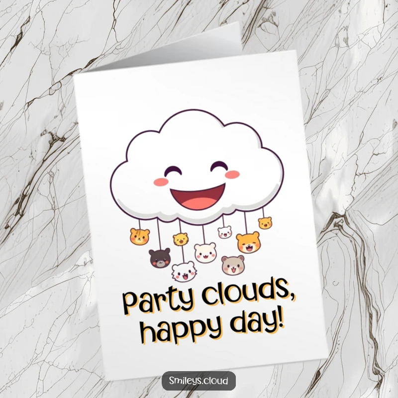 Free Printable Birthday Card: Smiling cloud raining tiny happy animal faces, spreading joy, downloadable art.