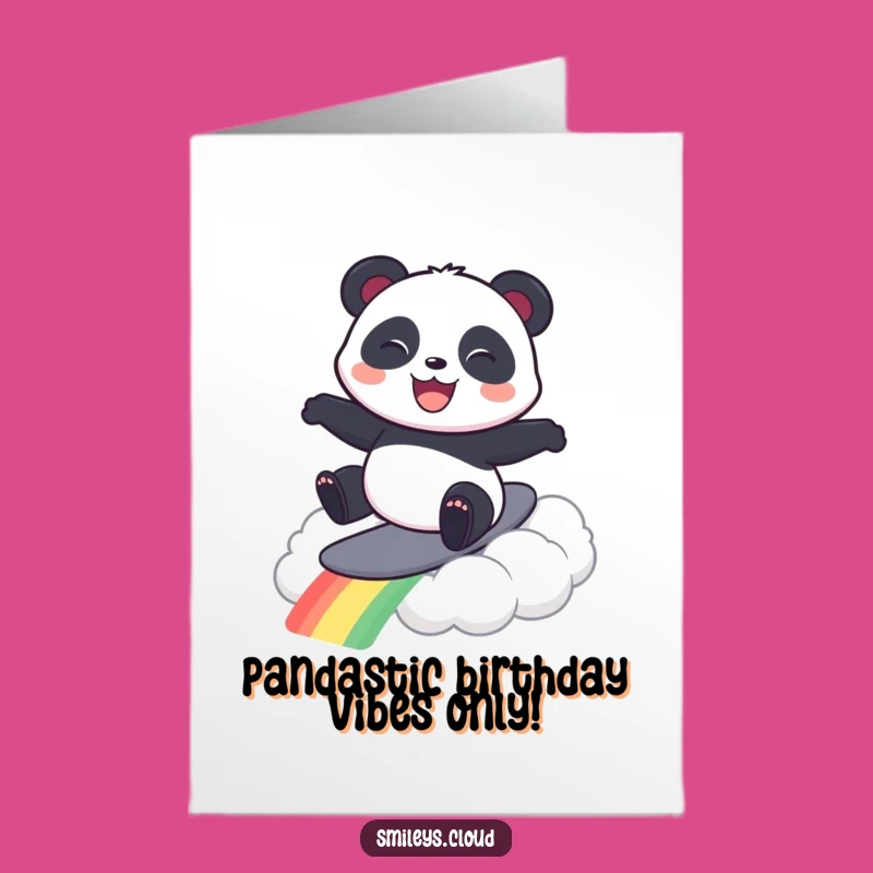 Free Printable Panda Birthday Card: Funny Surfing Panda Rainbow Cloud Downloadable Gift