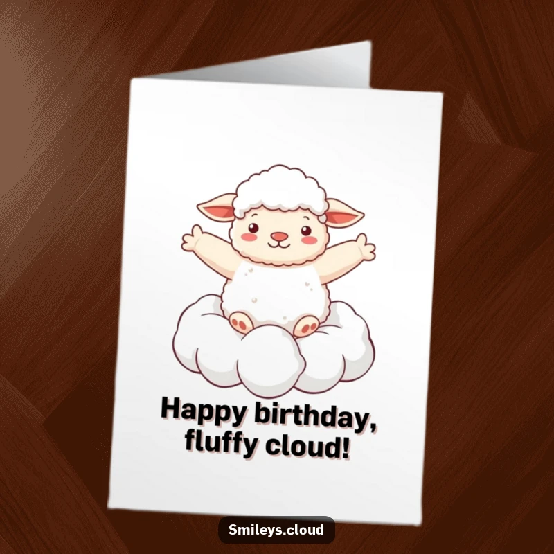 Funny Free Printable Birthday Card: Fluffy sheep floating joyfully on a cloud, arms spread wide in blissful celebration.