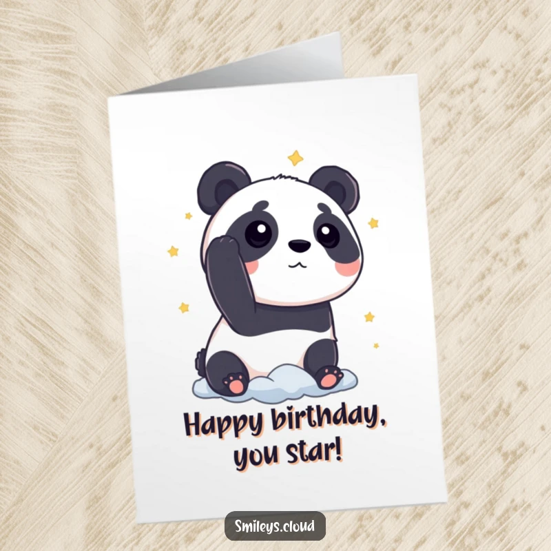Funny Free Printable Birthday Card: A curious panda gazing at stars from a cloud, a whimsical downloadable gift.