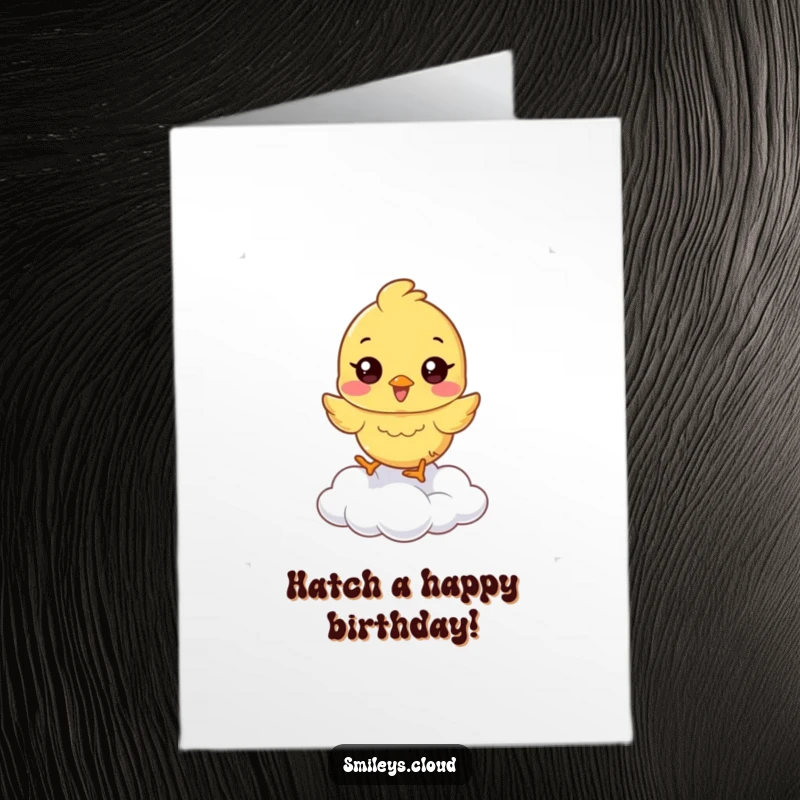 Funny Free Printable Birthday Card: A bouncing chick happily hopping on a soft cloud, a cheerful downloadable gift.