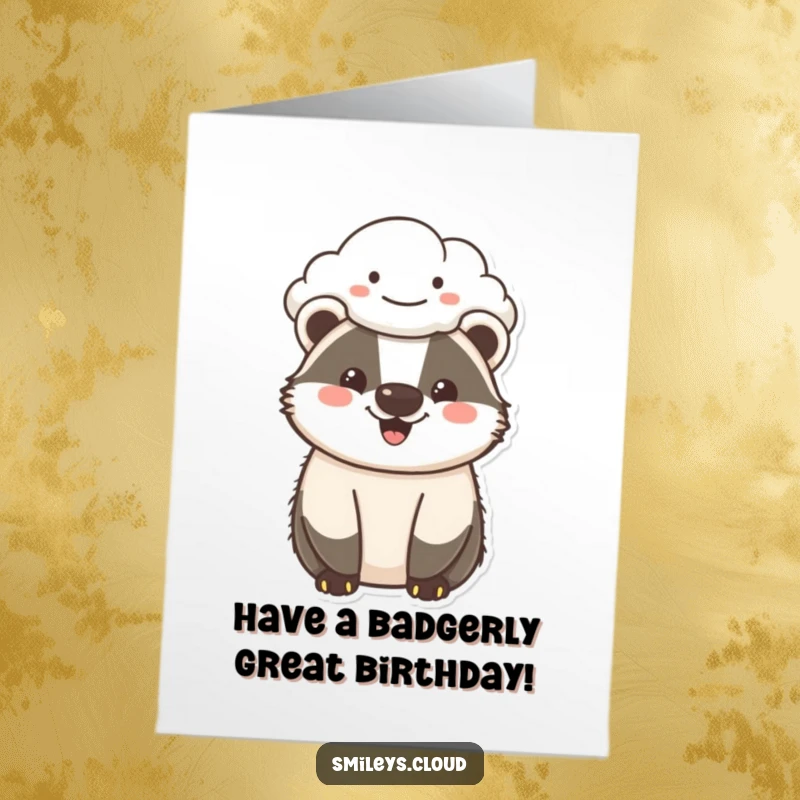Funny Free Printable Birthday Card featuring a cheerful badger looking up at a friendly smiling cloud, radiating happiness.