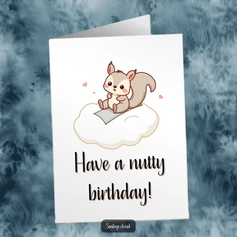 Funny Free Printable Birthday Card showing a silly squirrel gleefully sliding down a cloud like a playground slide, pure fun.