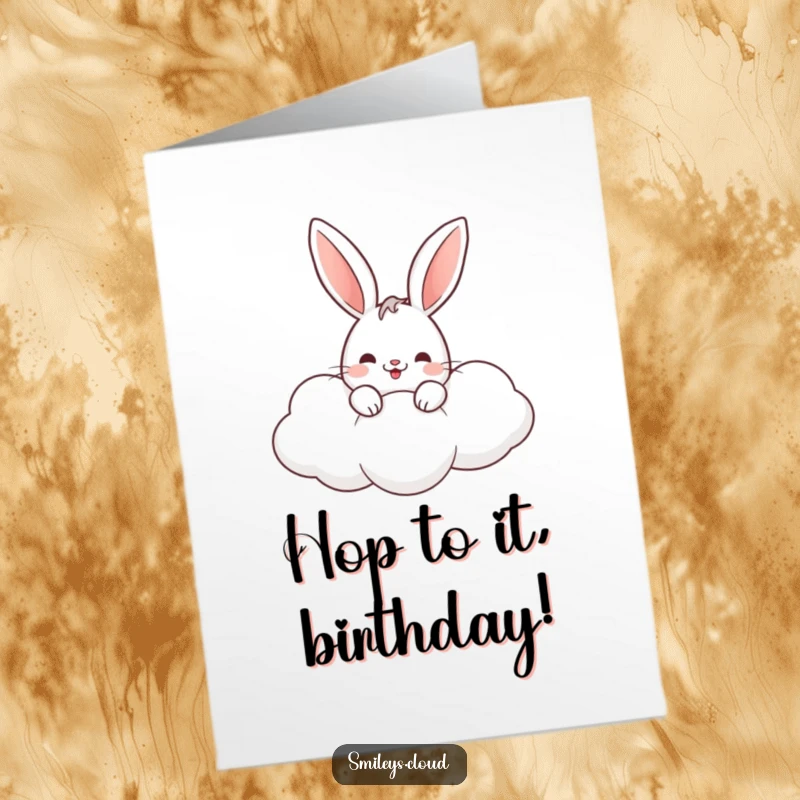 Funny Free Printable Birthday Card: Cheerful rabbit peeking from a fluffy cloud, offering a cute and whimsical birthday wish.