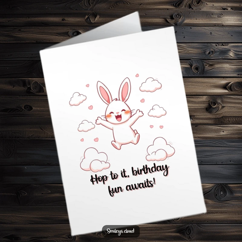 Funny Free Printable Birthday Card: A happy rabbit leaps joyfully between scattered clouds, celebrating with pure, energetic delight.