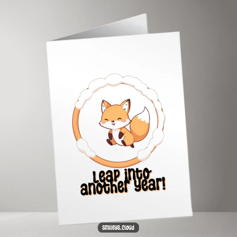 Funny Free Printable Birthday Card: Energetic fox leaping gracefully through a cloud hoop.