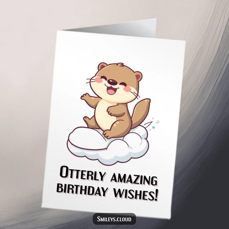Funny Free Printable Otter Birthday Card: Cheerful otter joyfully surfing a rolling cloud, celebrating a birthday with zest.
