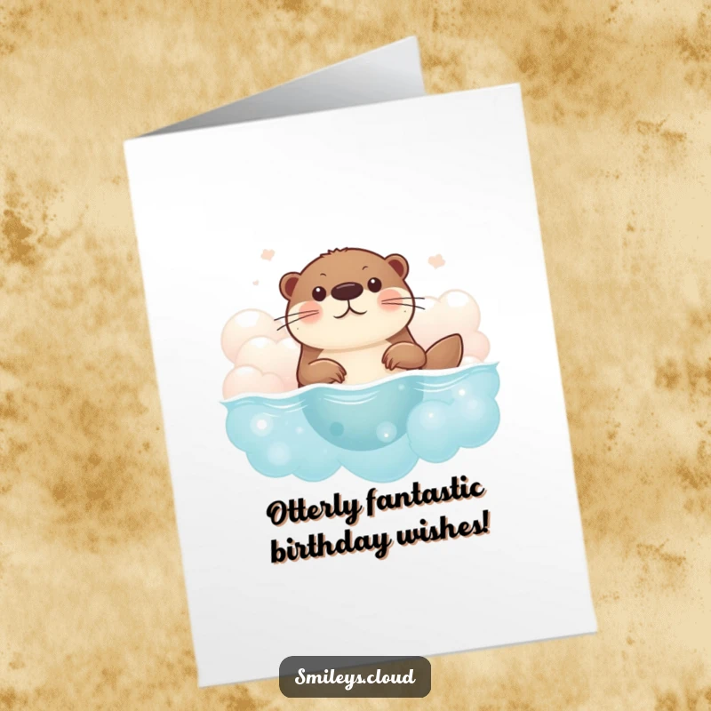 Funny Free Printable Birthday Card featuring a brave otter swimming joyfully through soft, fluffy clouds, celebrating with enthusiasm.