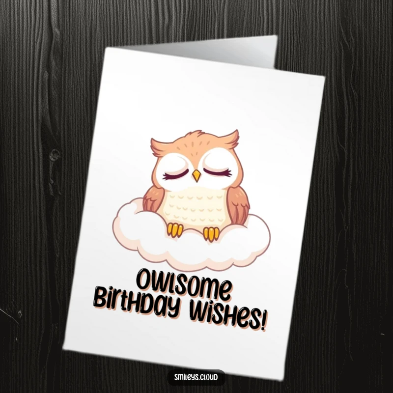 Funny Free Printable Birthday Card featuring a content owl snoozing soundly on a fluffy cloud, a peaceful napping gift.