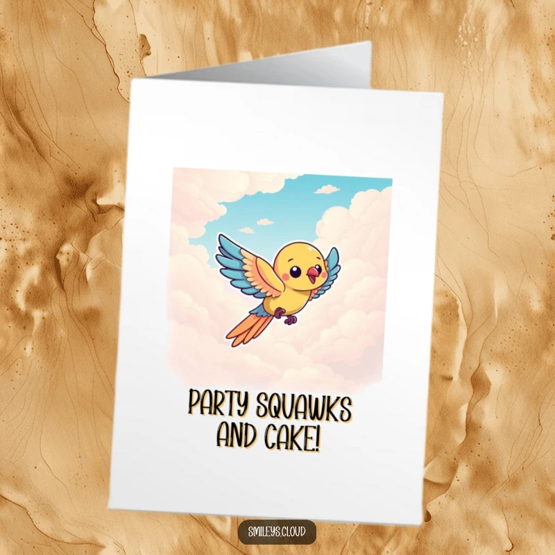 Funny Free Printable Birthday Card: Vibrant parrot soaring joyfully through a cloudy blue sky, ready for celebration.