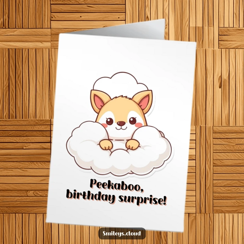 Free Printable Birthday Card: Animal character peeking curiously from behind a fluffy cloud, whimsical and cute, downloadable art.