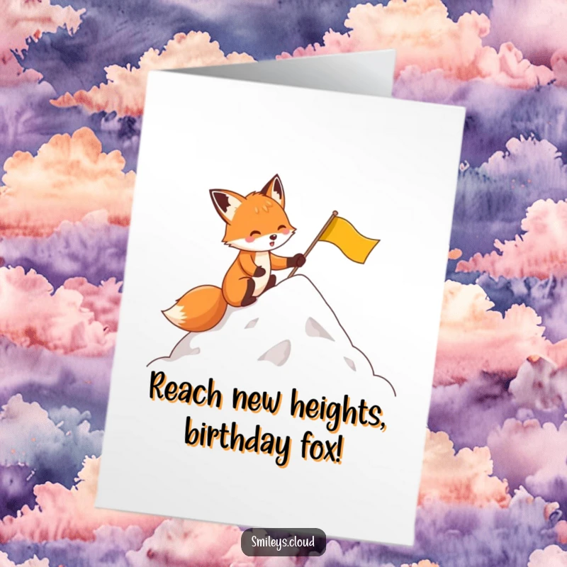 Funny Free Printable Birthday Card: Determined fox planting a flag on a cloud peak, celebrating a high-achieving birthday.