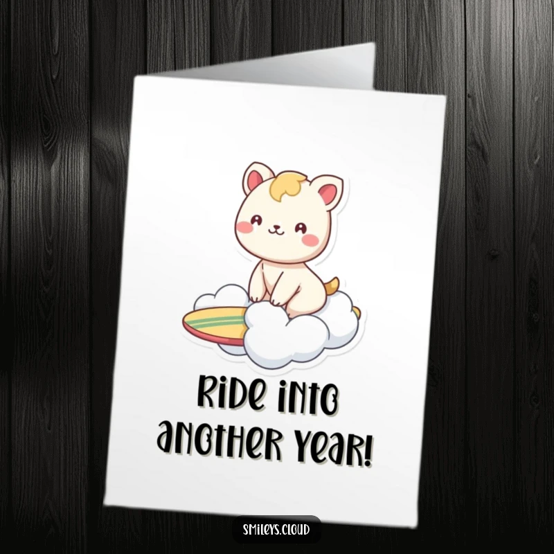 Funny Free Printable Birthday Card: A smiling animal joyfully rides a fluffy cloud like a surfboard.