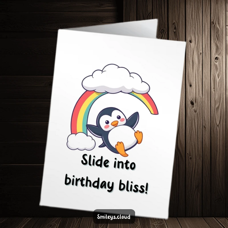 Funny Free Printable Birthday Card: Playful penguin joyfully sliding down a vibrant rainbow from a cloud.