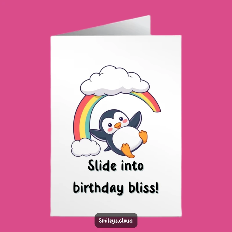 Free Printable Birthday Card: Playful Penguin Sliding for a Joyful, Rainbow-Filled Celebration!