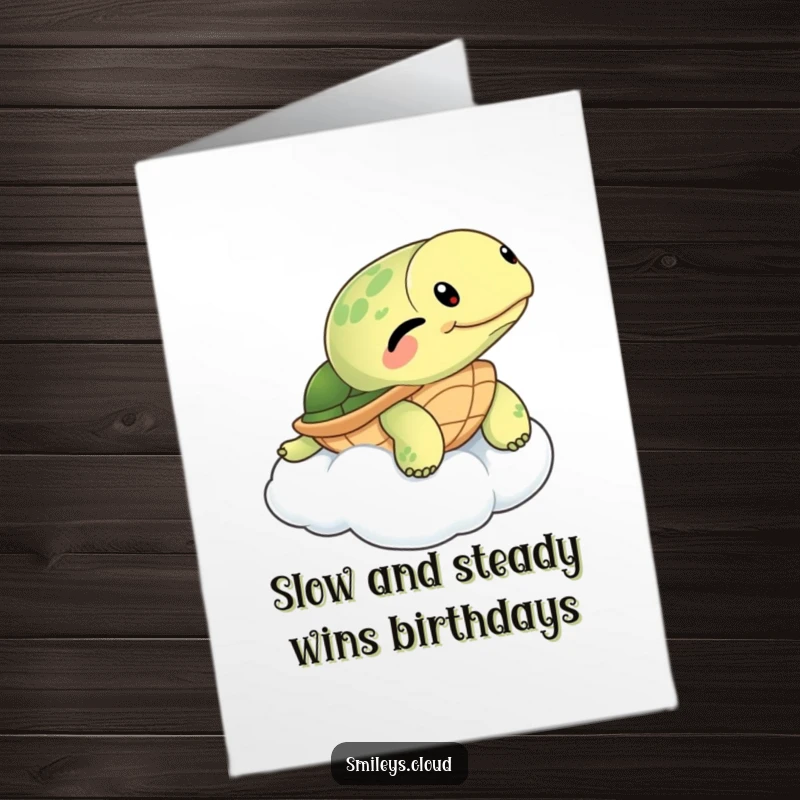 Funny free printable birthday card, a winking turtle serenely floating on a fluffy cloud, sending birthday wishes.
