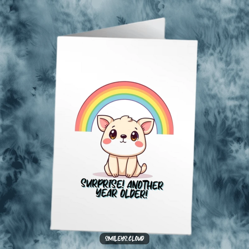Funny Free Printable Birthday Card featuring a wide-eyed animal gazing up at a vibrant rainbow overhead.