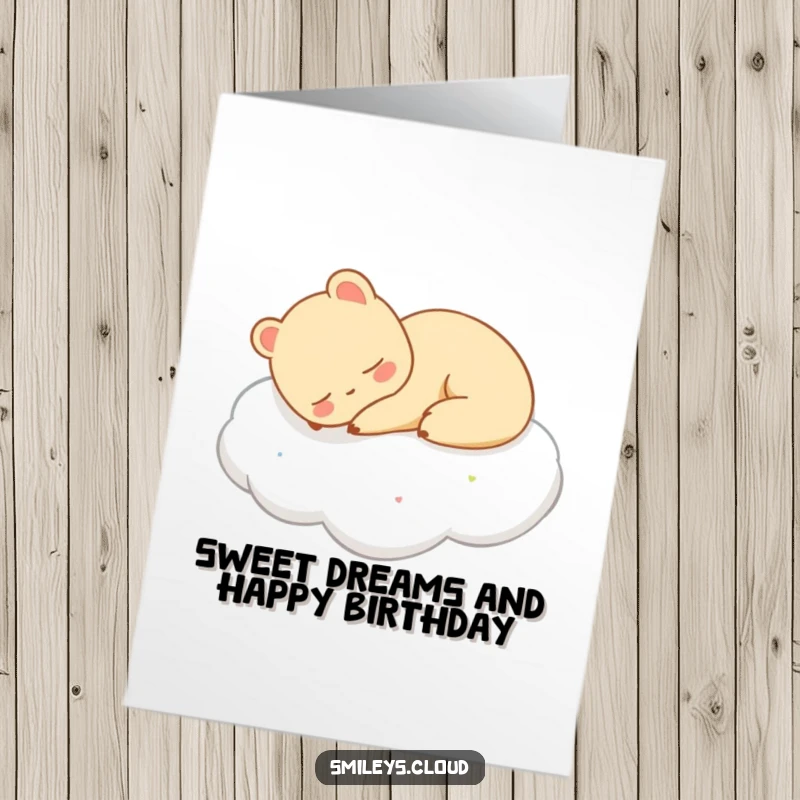 Funny Free Printable Birthday Card: A content animal slumbers soundly on a fluffy, dream-like cloud.
