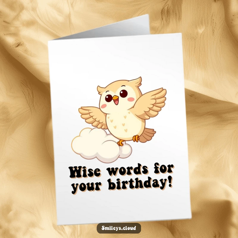Funny free printable owl card, a joyous cartoon owl soaring high beside a fluffy cloud, perfect for birthday wishes.