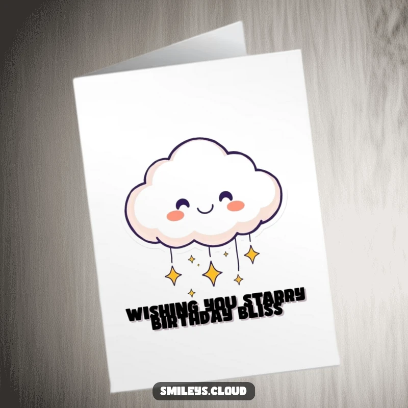 Funny Free Printable Birthday Card: Smiling cloud face sending down little sparkling stars. A dreamy downloadable gift.