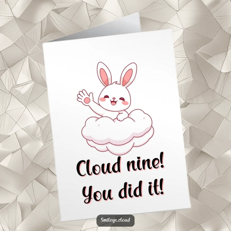 Funny Free Printable Congratulations Card: Happy bunny on a cloud, waving hello, celebrating success with a cheerful vibe.