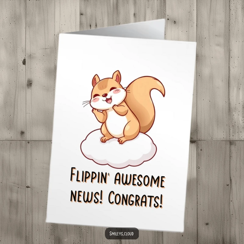 Funny Free Printable Squirrel Congrats Card: A giggling squirrel does a celebratory flip on a cloud cushion, perfect for congratulations.