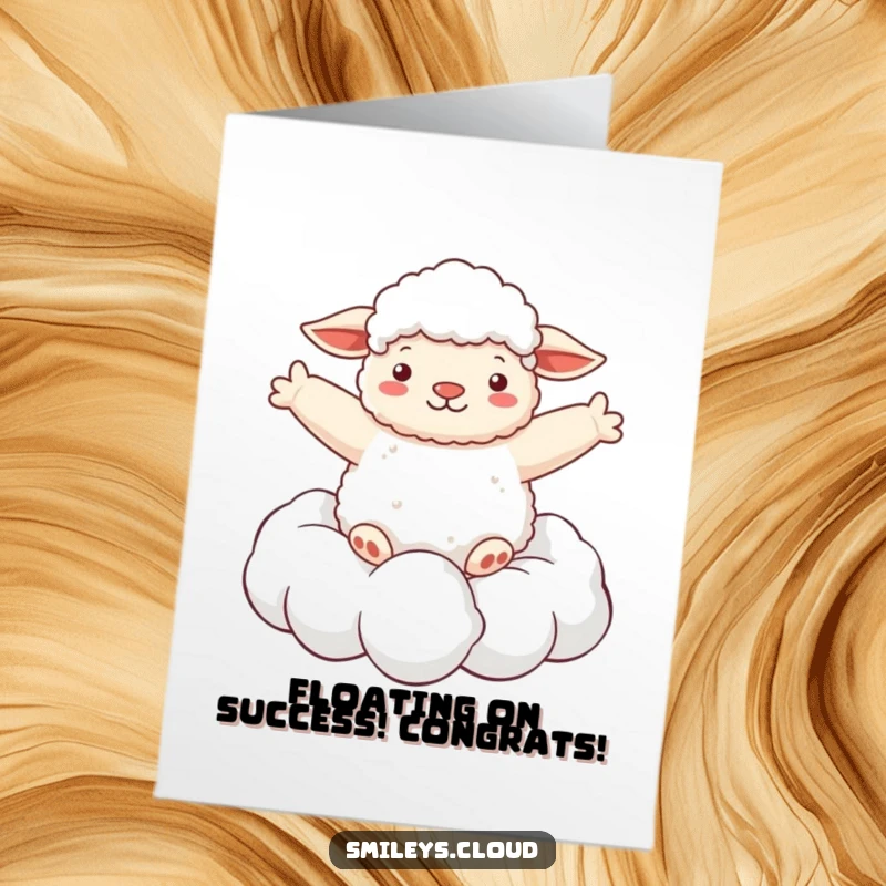 Funny Free Printable Congratulations Card: Fluffy sheep floating on a cloud, arms wide, celebrating achievements with pure happiness.