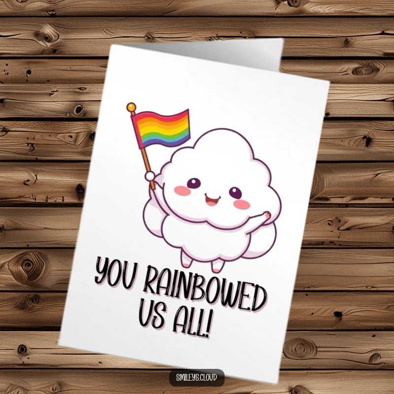 Funny Free Printable Congratulations Card: Joyful cloud critter waving a rainbow flag, symbolizing celebration and inclusivity.