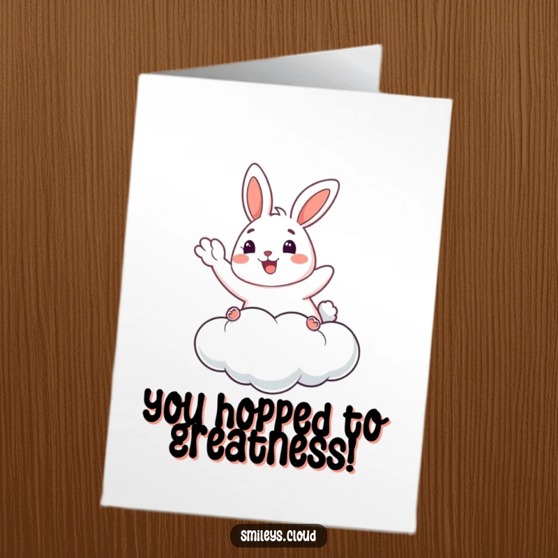 Funny Free Printable Congratulations Card: Happy bunny waving from a cloud, celebrating an accomplishment.