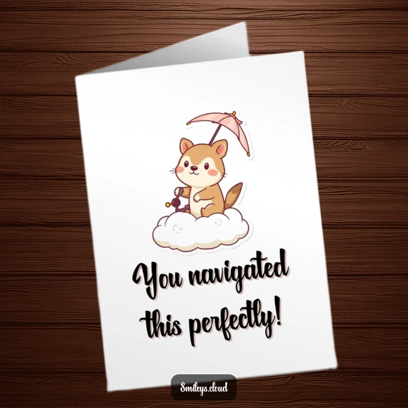 Funny Free Printable Congrats Card: A resolute animal steering a cloud with a miniature umbrella, signifying a journey to success.