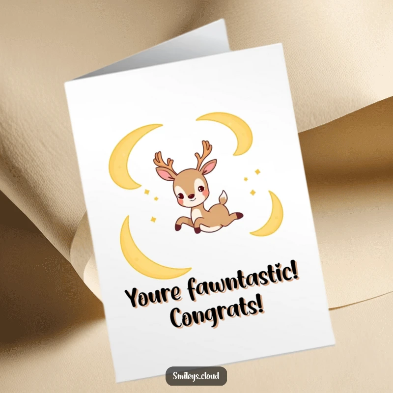 Funny Free Printable Congratulations Card: A joyful deer in mid-leap, soaring between glowing crescent moons.