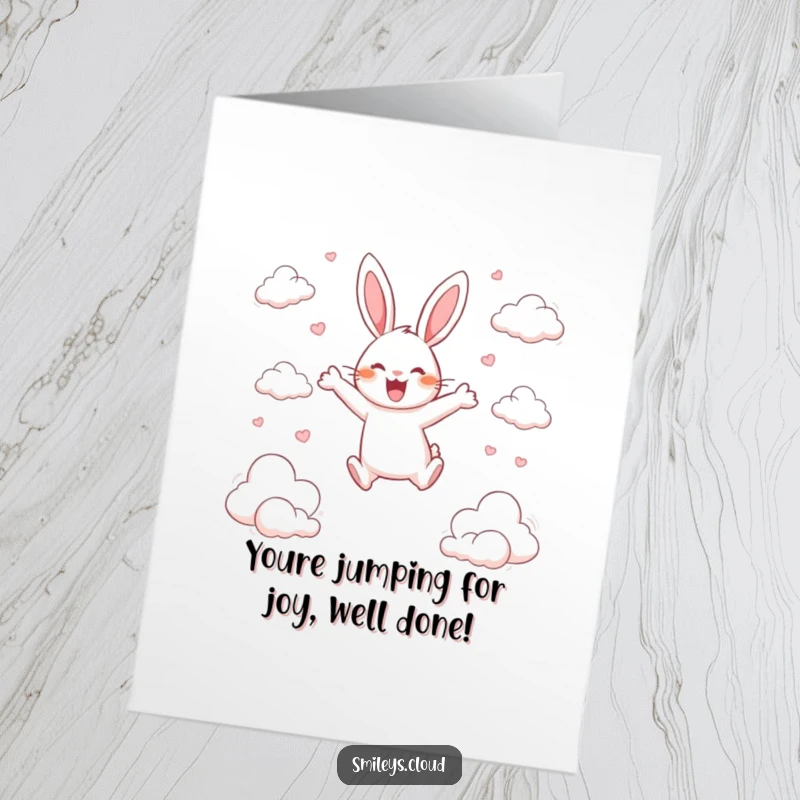 Funny Free Printable Congrats Card: A happy rabbit leaps high between clouds, celebrating a wonderful achievement with boundless joy.