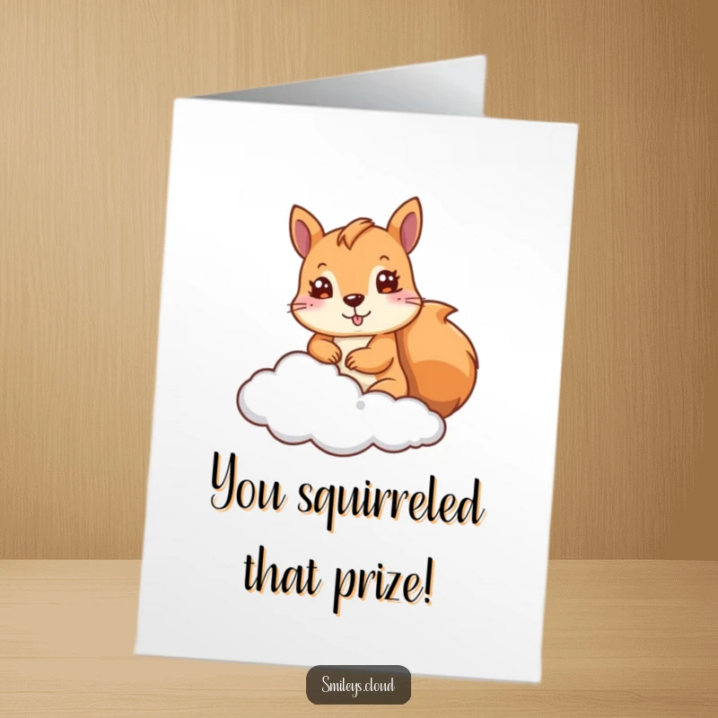 Funny Free Printable Congratulations Card: Cute squirrel peeking from behind a cloud, celebrating a success.