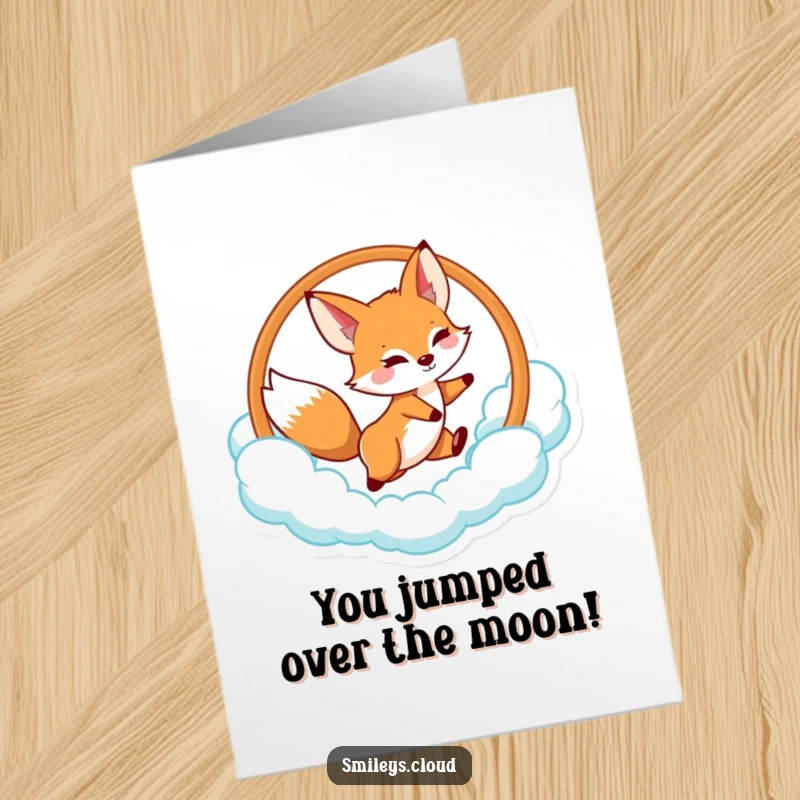 Funny Free Printable Congratulations Card: Agile fox jumping through a cloud hoop, symbolizing overcoming challenges and achieving goals.