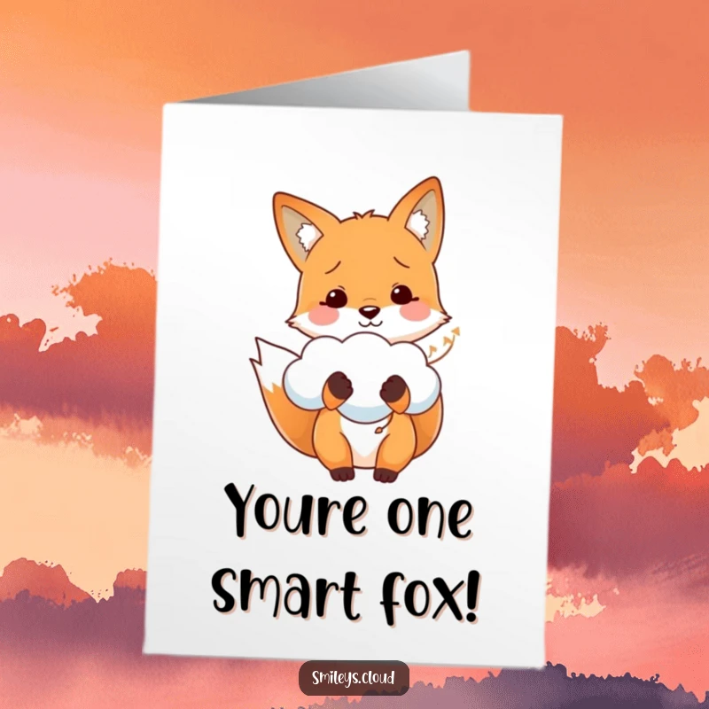 Funny free printable congratulations card: A happy fox proudly holds a soft cloud, floating like a special balloon.