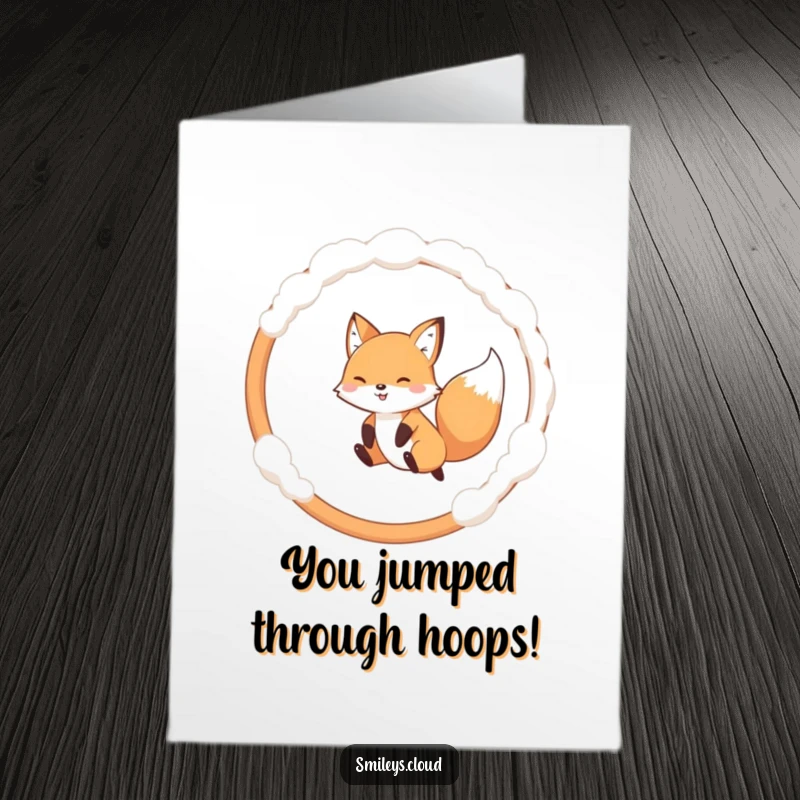 Funny Free Printable Congratulations Card: Playful fox jumping through a cloud hoop with excitement.