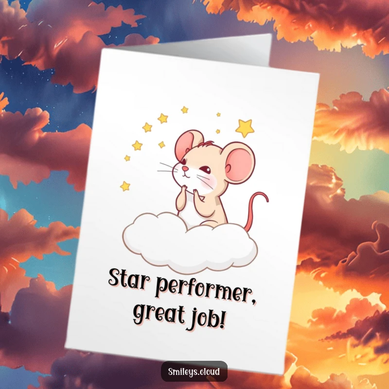 Funny free printable congratulations card featuring a thoughtful mouse gazing at stars from a cloud, celebrating cosmic achievements.