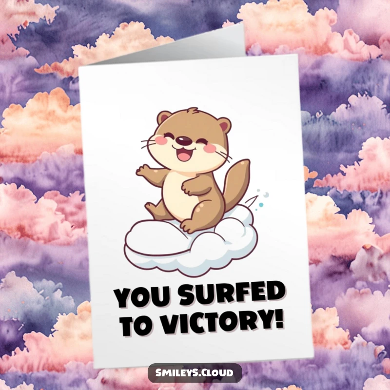 Funny Free Printable Otter Congratulations Card: Playful otter rides a rolling cloud, conveying congratulations with pure joy.