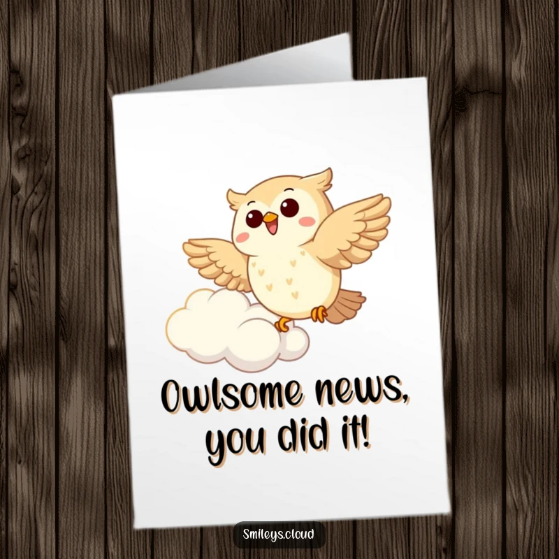 Funny free printable congratulations card, a joyous cartoon owl soaring beside a fluffy cloud, celebrating achievements.