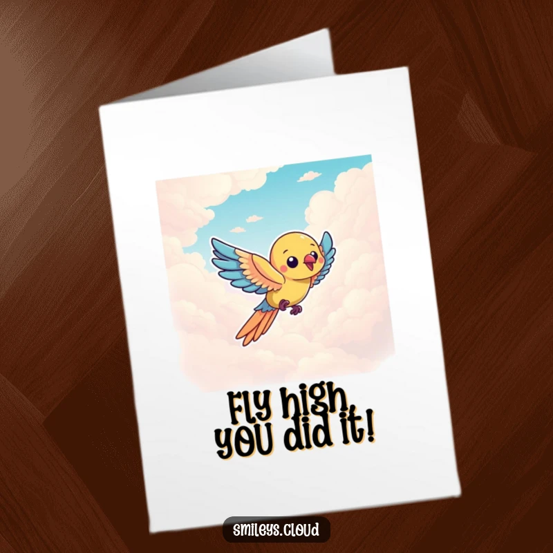 Funny Free Printable Congratulations Card: Vibrant parrot in mid-flight across a cloudy sky, embodying freedom and achievement.
